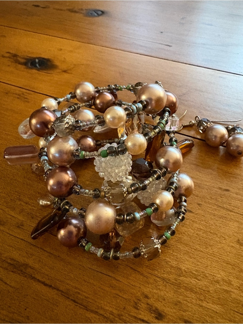 Multi-Strand Pearl & Glass Bead Wrap Bracelet in Champagne and Brown and Earring